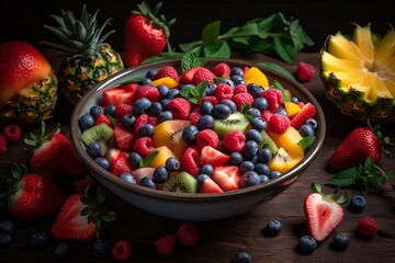 fruit salad, with juicy slices of watermelon, pineapple, and strawberries, surrounded by fresh blueberries and raspberries. Generative ai