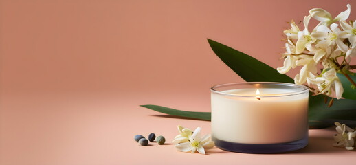 Obraz na płótnie Canvas burning candle with honeysuckle flowers isolated on fawn pink studio background with copy space, made with generative ai