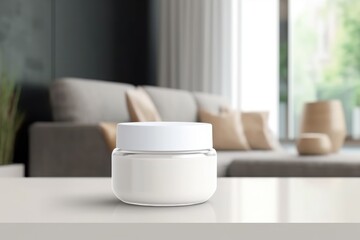 Blank Cosmetic Jar Mockup for Product With Living room Background Generative AI