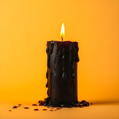 burning black candle melting isolated on yellow studio background, made with generative ai - obrazy, fototapety, plakaty