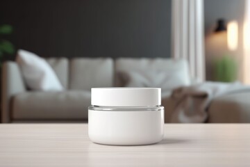 Fototapeta na wymiar Blank Cosmetic Jar Mockup for Product With Living room Background Generative AI