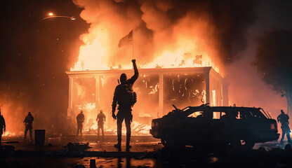 Fiery Riot Background with Protester Raising Fist in the Foreground Generative AI Photo