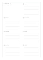 A weekly plan design template in a modern, simple, and minimalist style. Note, scheduler, diary, calendar, planner document template illustration.