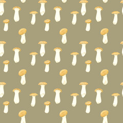 エリンギのシームレスパターン　手描き水彩イラストのきのこ柄