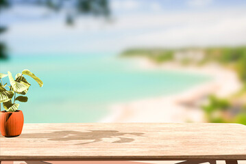 Empty wooden table on defocused tropical beach background. Summer vacation background for product display. 3d render.