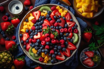 fruit salad, with juicy slices of watermelon, pineapple, and strawberries, surrounded by fresh blueberries and raspberries. Generative ai