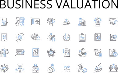 Business valuation line icons collection. Asset appraisal, Property assessment, Company worth, Equity evaluation, Investment scrutiny, Market rating, Corporate analysis vector and linear illustration