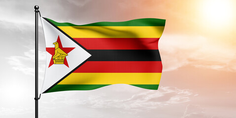 Zimbabwe national flag cloth fabric waving on beautiful sky grey Background.