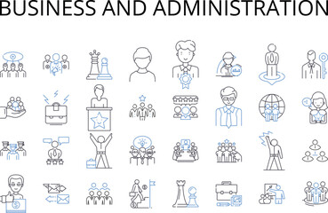 Business and administration line icons collection. Commerce, Management, Financial affairs, Leadership, Commercial affairs, Corporate affairs, Executive affairs vector and linear illustration