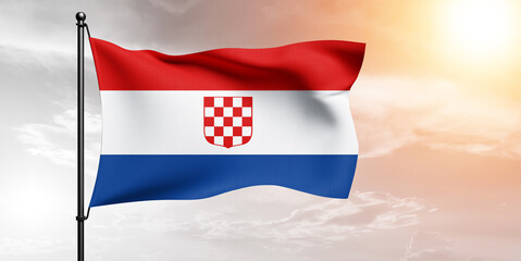 Fototapeta na wymiar Croatia national flag cloth fabric waving on beautiful sky grey Background.