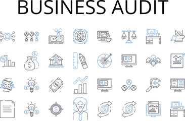 Business audit line icons collection. Financial review, Performance assessment, Operations evaluation, Market analysis, Record inspection, Risk examination, Workflow examination vector and linear