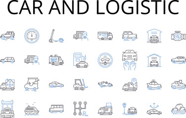 Car and logistic line icons collection. Vehicle and transportation, Automobile and conveyance, Truck and haulage, Bike and conveyance, Van and carriage, Scooter and transportation, Bus and transit