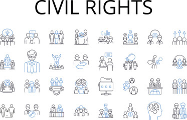 civil rights line icons collection. Social justice, Human rights, Environmentalism, Gender equality, Community activism, Animal welfare, Disability rights vector and linear illustration. Racial