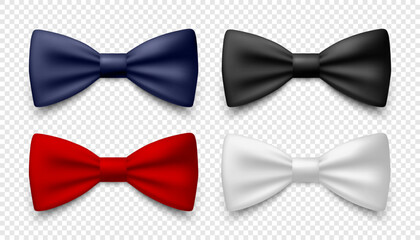 Vector 3d Realistic Blue, Black, Red, White Bow Tie Icon Set Closeup Isolated. Silk Glossy Bowtie, Tie Gentleman. Mockup, Design Template. Bow tie for Man. Mens Fashion, Fathers Day Holiday - obrazy, fototapety, plakaty