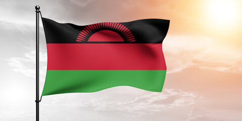 Malawi national flag cloth fabric waving on beautiful sky grey Background.