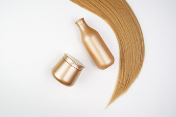 Mask, shampoo, conditioner for hair. Professional hair care products.  Shiny healthy hair. Eco care product. bottle mockup. blonde 