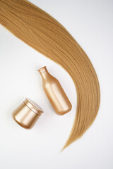 Mask, shampoo, conditioner for hair. Professional hair care products.  Shiny healthy hair. Eco care product. bottle mockup. blonde 