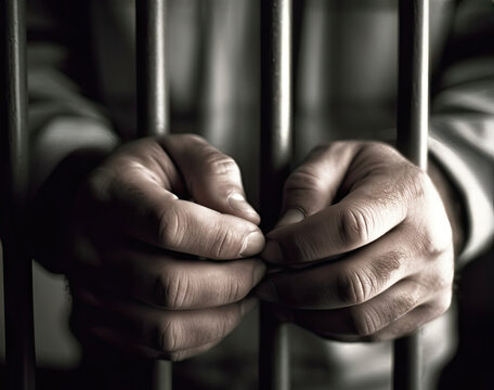 Digital AI Representation of Incarceration: Pair of Hands Reaching Through Prison Bars