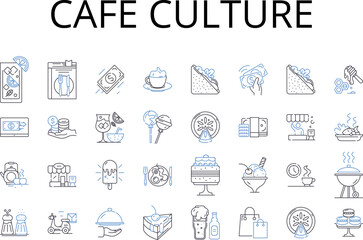 Cafe culture line icons collection. Food scene, Urban style, Street fashion, Music culture, Art community, Nightlife scene, Beach culture vector and linear illustration. Sports lifestyle,Travel