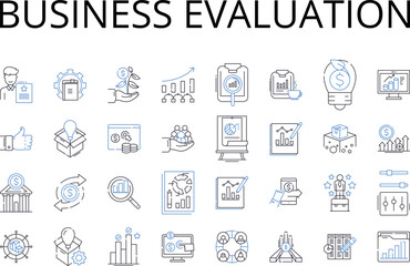 Business evaluation line icons collection. Economic analysis, Market assessment, Financial appraisal, Corporate examination, Commercial appraisal, Strategic scrutiny, Industrial investigation vector