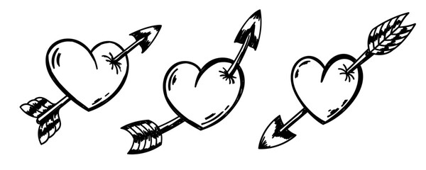 Obraz premium Hand drawn hearts set and arrows in different positions. Irregular style.