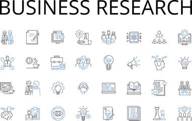 Business research line icons collection. Market analysis, Economic study, Financial research, Environmental scanning, Consumer research, Industry analysis, Trend tracking vector and linear