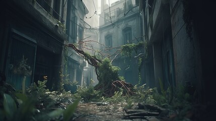 Fototapeta na wymiar abandoned building with growing plants, digital art illustration, Generative AI