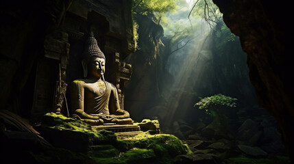 Closeup of an Asian Buddha statue in a cave in the jungle

