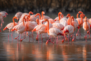 Fototapeta na wymiar Close up on the beautiful group of flamingos in the wild