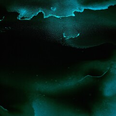 Obraz na płótnie Canvas An abstract artwork with a dark black background featuring a blend of light blue and green shiny glitter thick clouds, creating a fantasy night Aurora effect