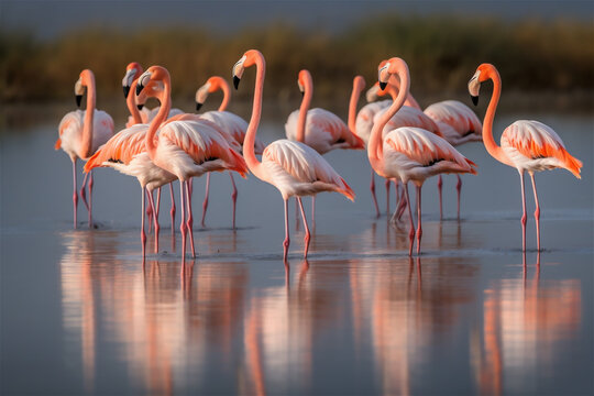 Close up on the beautiful group of flamingos in the wild


