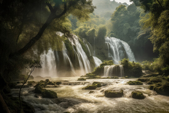 Iguaza Falls Waterfall in South America, Jungle, Stunning Scenic Landscape Wallpaper, Generative AI