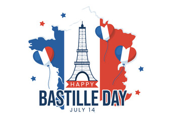 Happy Bastille Day on 14 july Vector Illustration with French Flag and Eiffel Tower in Flat Cartoon Hand Drawn for Landing Page Templates