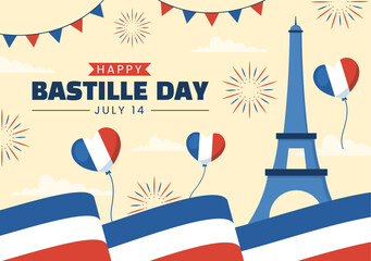 Happy Bastille Day on 14 july Vector Illustration with French Flag and Eiffel Tower in Flat Cartoon Hand Drawn for Landing Page Templates - obrazy, fototapety, plakaty