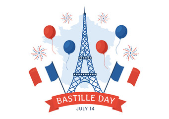Happy Bastille Day on 14 july Vector Illustration with French Flag and Eiffel Tower in Flat Cartoon Hand Drawn for Landing Page Templates