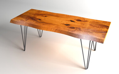 Wooden lacquered table with black metal legs on white background standing at an angle of perspective view. Woodworking and carpentry production. 3d rendering. Live edge elm slab coffee table.