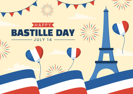 Happy Bastille Day on 14 july Vector Illustration with French Flag and Eiffel Tower in Flat Cartoon Hand Drawn for Landing Page Templates - Powered by Adobe