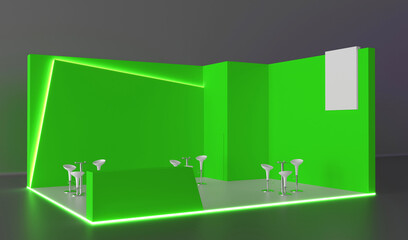 Empty stand or booth in a tradeshow. 3d render exhibition mockup. Virtual exhibition. Exhibition green and white stand mockup and flat used for branding and Corporate identity.