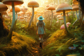 Woman walking on magical psychedelic mushrooms in forest. Generative AI.