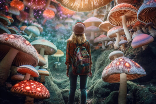 Woman walking in forest on magical psychedelic mushrooms. Generative AI.