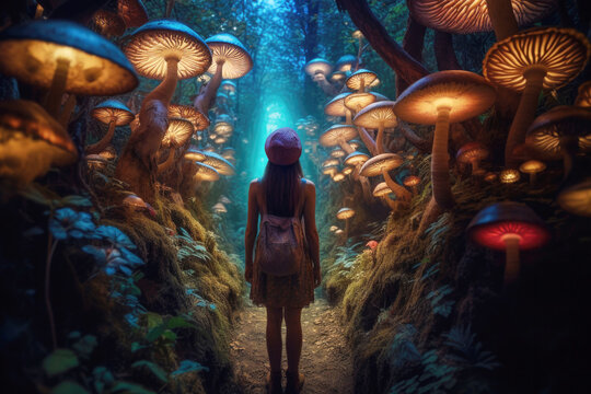 Woman walking in forest on magical psychedelic mushrooms, night. 