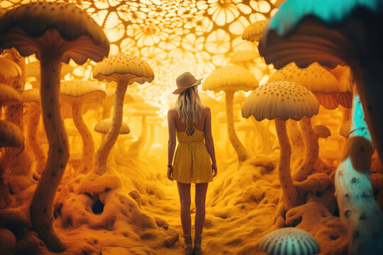 Woman walking on magical psychedelic mushrooms in forest. Generative AI.