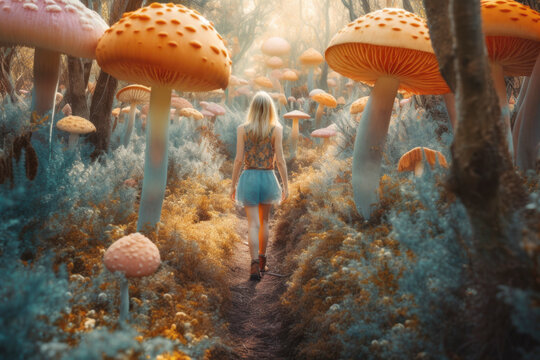Woman walking on magical psychedelic mushrooms in forest. Generative AI.