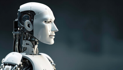 White robot humanoid portrait with copy space background. Generative AI