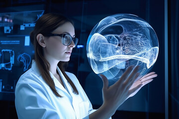 Future medicine. Medicine doctor using digital medical futuristic interface. Molecular fluorescent neuron network and DNA is used in medicine. Healthcare, analysis, diagnose, laboratory