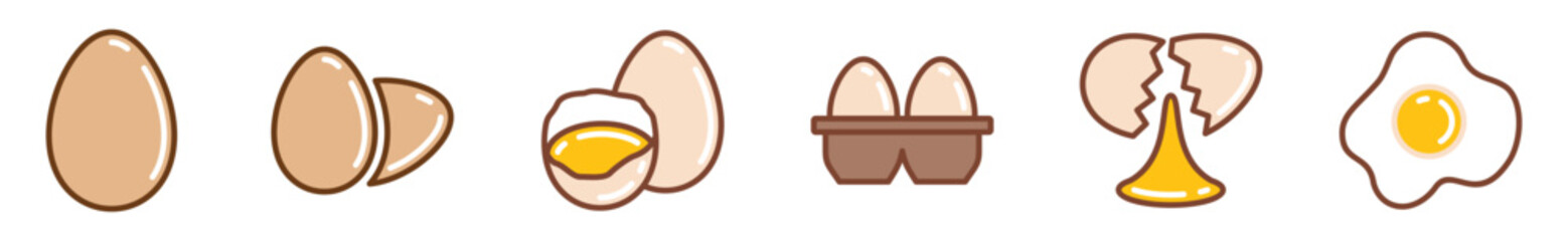Egg icons vector set in color style with editable stroke. Easter, cooking egg, box, broken, sunny side up, omelet, fried egg symbol. Vector illustration