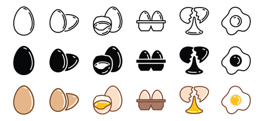 Egg icons vector set in line, flat, and color style with editable stroke. Easter, cooking egg, box, broken, sunny side up, omelet, fried egg symbol. Vector illustration