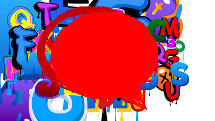 Red Speech Bubble Graffiti with abstract elements Background. Urban painting style backdrop. Discussion symbol in modern dirty street art decoration.