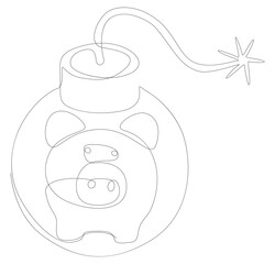 One continuous line of Piggy Bank and bomb. Thin Line Illustration vector concept. Contour Drawing Creative ideas.