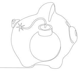 One continuous line of Piggy Bank and bomb. Thin Line Illustration vector concept. Contour Drawing Creative ideas.